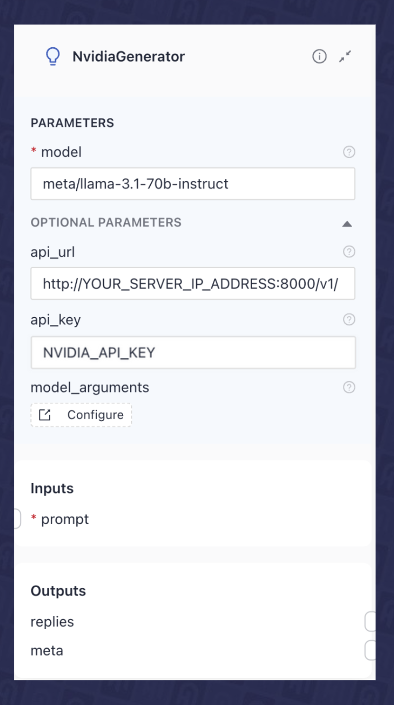 Fig. 8 - NvidiaGenerator Configuration for self-hosted NIM in the deepset Studio.