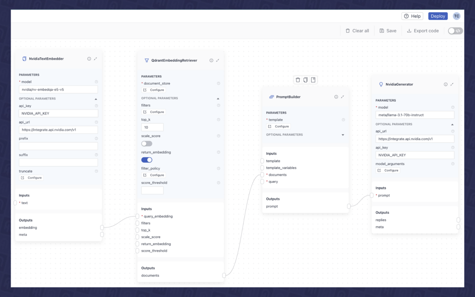 Fig. 7 - Full RAG Pipeline built visually in the deepset Studio.